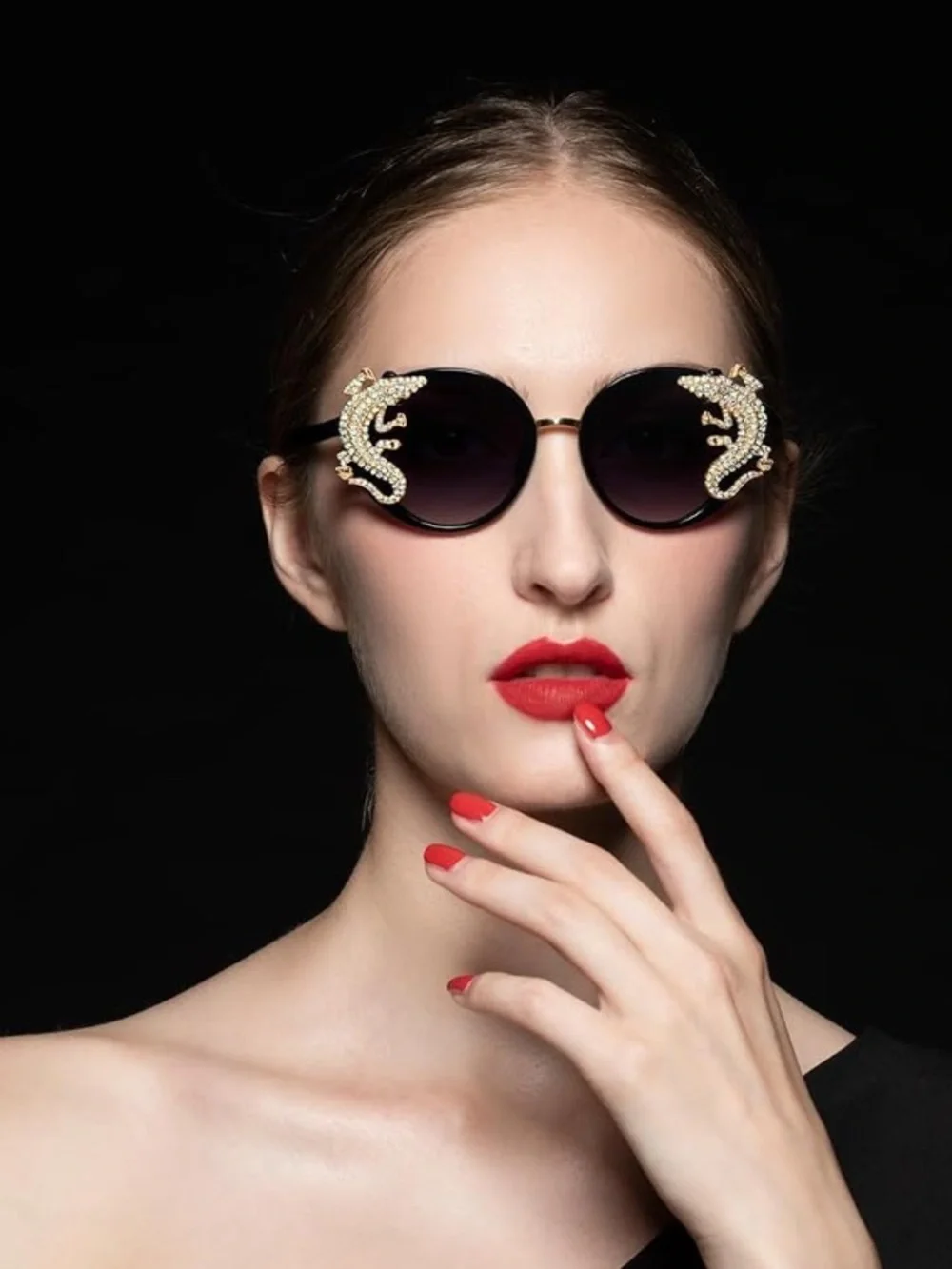 Black Round Sunglasses with Gold Snake Rhinestone Detail – Statement Eyewear